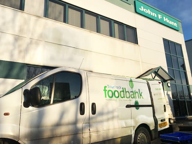 Thurrock food bank van parked outside John F Hunt Grays head office